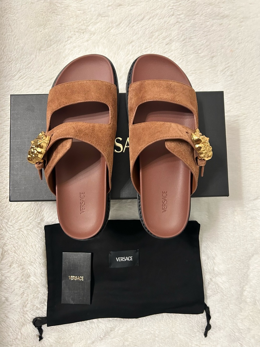 Versace Medusa Head Rust-Orange Suede Slide Sandals